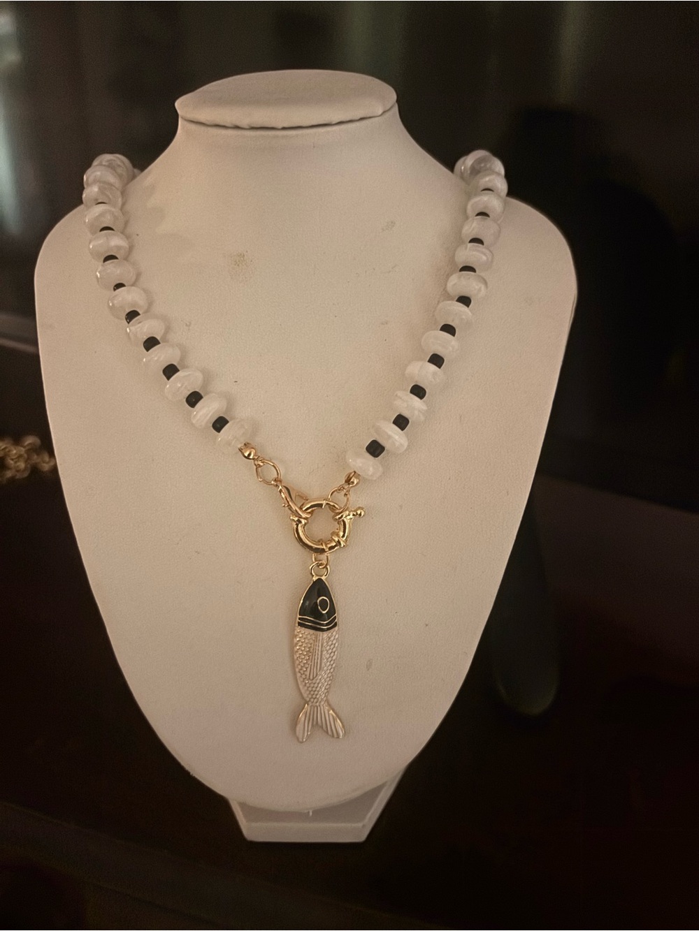 Gold Fish Pendant Necklace with White Beads - Designer Style